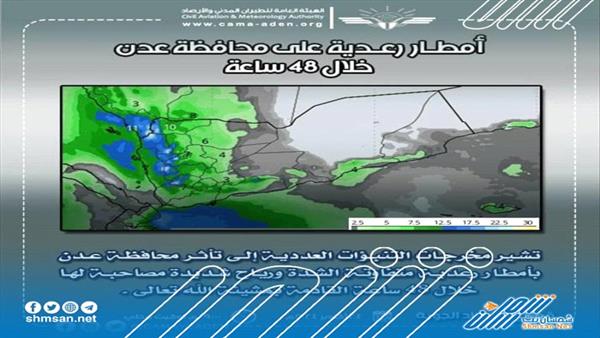 الأرصاد الجوية: تأثر العاصمة عدن بأمطار رعدية خلال الـ48 ساعة القادمة